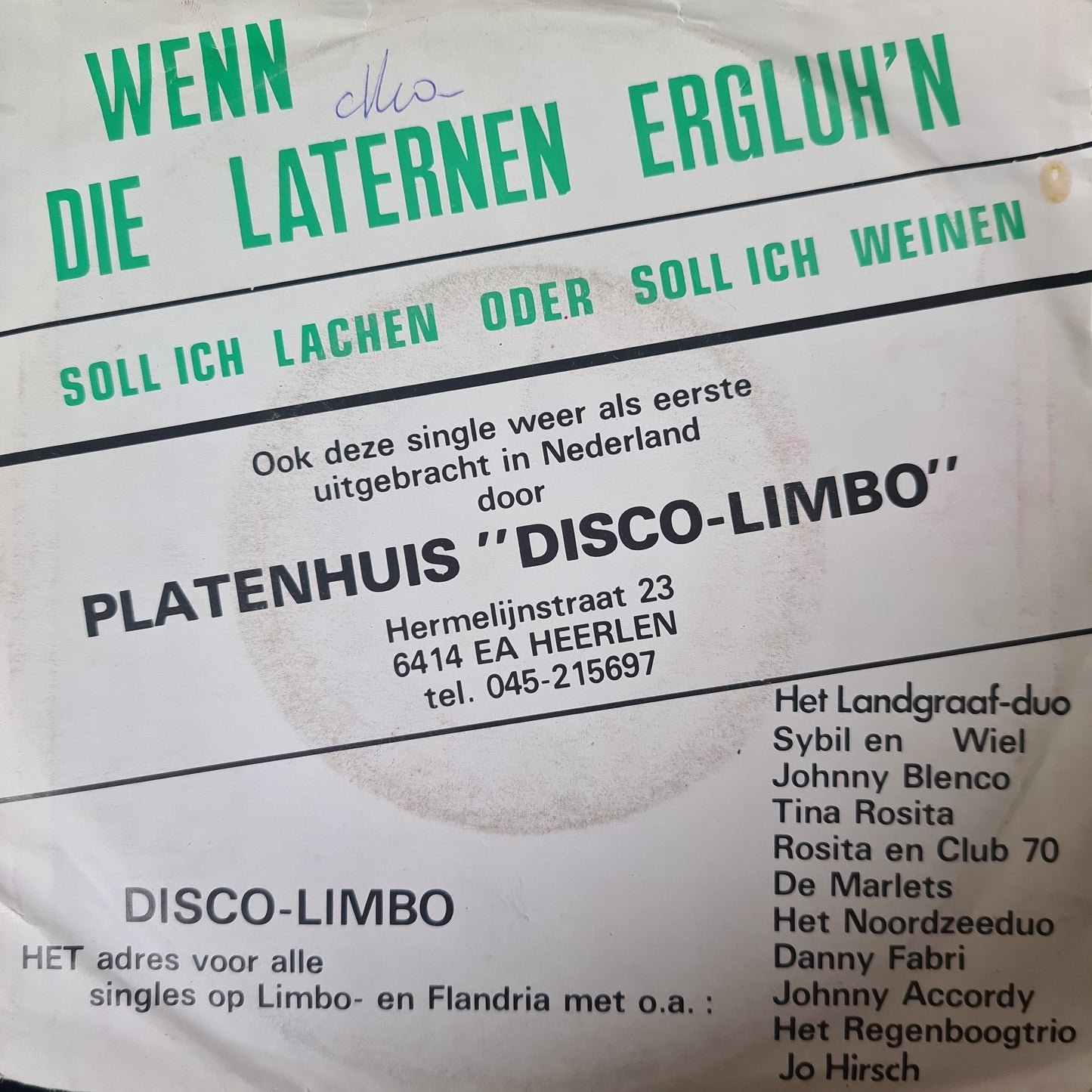 Jo Hirsch - Wenn Die Laternen Ergluh'n Vinyl Singles Vinyl Very Good (VG) <br> Hoes Good Plus (G+)