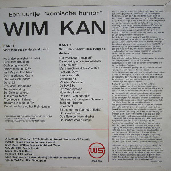 Wim Kan - Een Uur-tje Komische Humor (LP) Vinyl LP Vinyl Very Good (VG) <br> Hoes Good Plus (G+)
