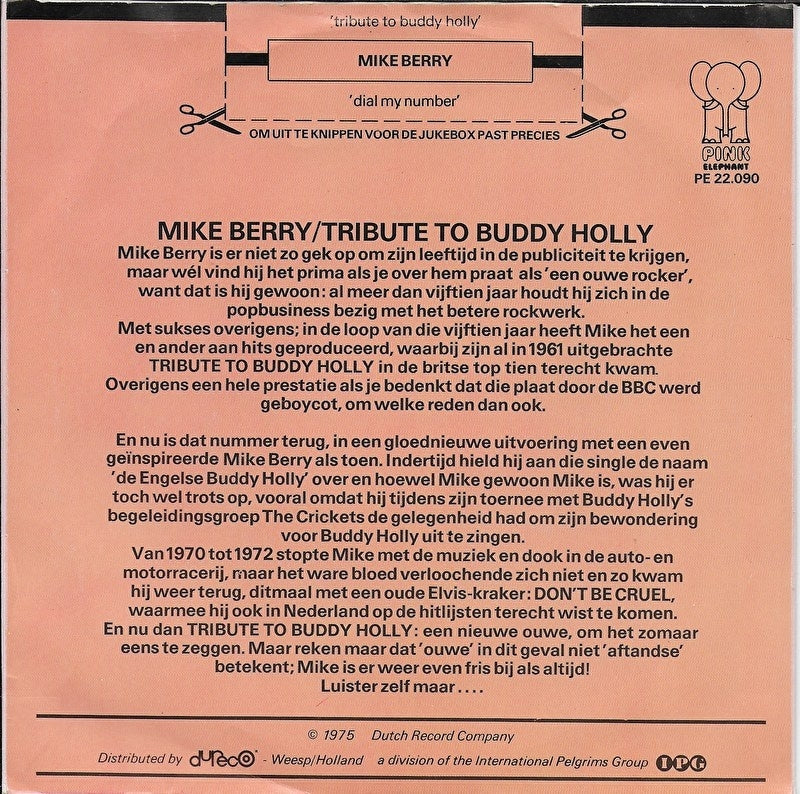 Mike Berry - Tribute to Buddy Holly Vinyl Singles Vinyl Very Good (VG) <br> Hoes Good Plus (G+)