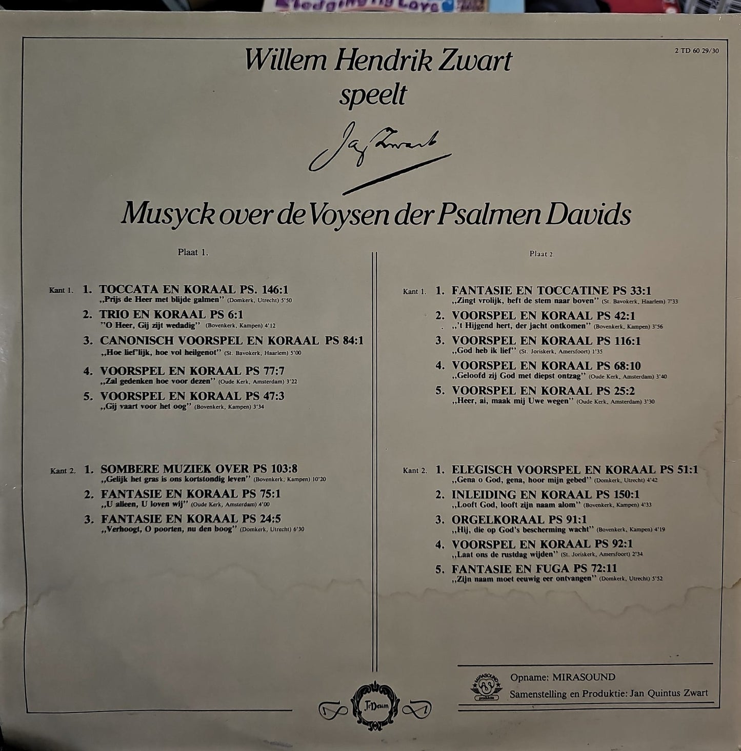 Willem Hendrik Zwart - Speelt Jan Zwart (LP) Vinyl LP Dubbel Vinyl Very Good (VG) <br> Hoes Good Plus (G+)