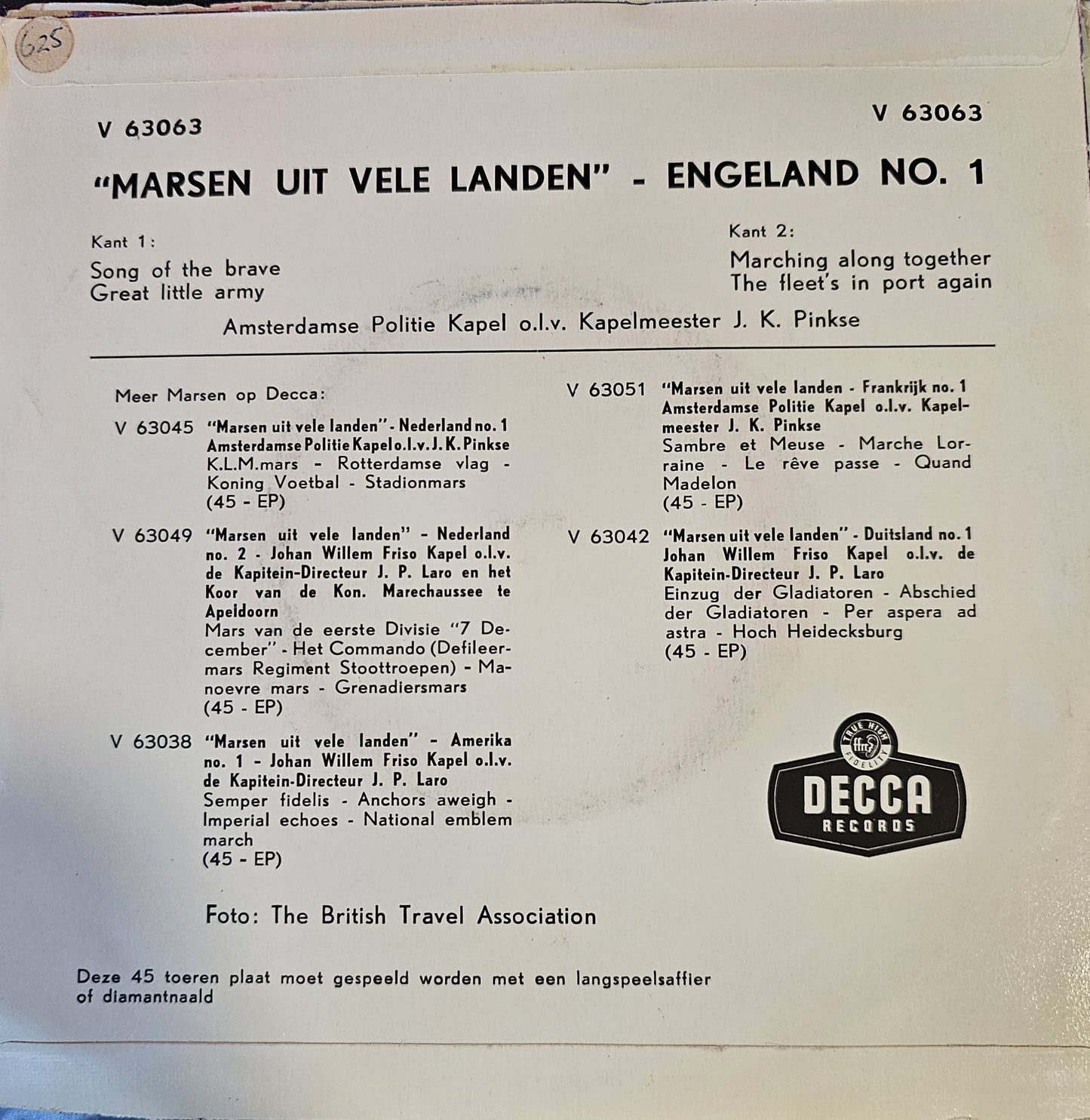 Amsterdamse Politiekapel - Marsen Uit Vele Landen - Engeland No. 1 Vinyl Singles Vinyl Very Good (VG) <br> Hoes Good Plus (G+)