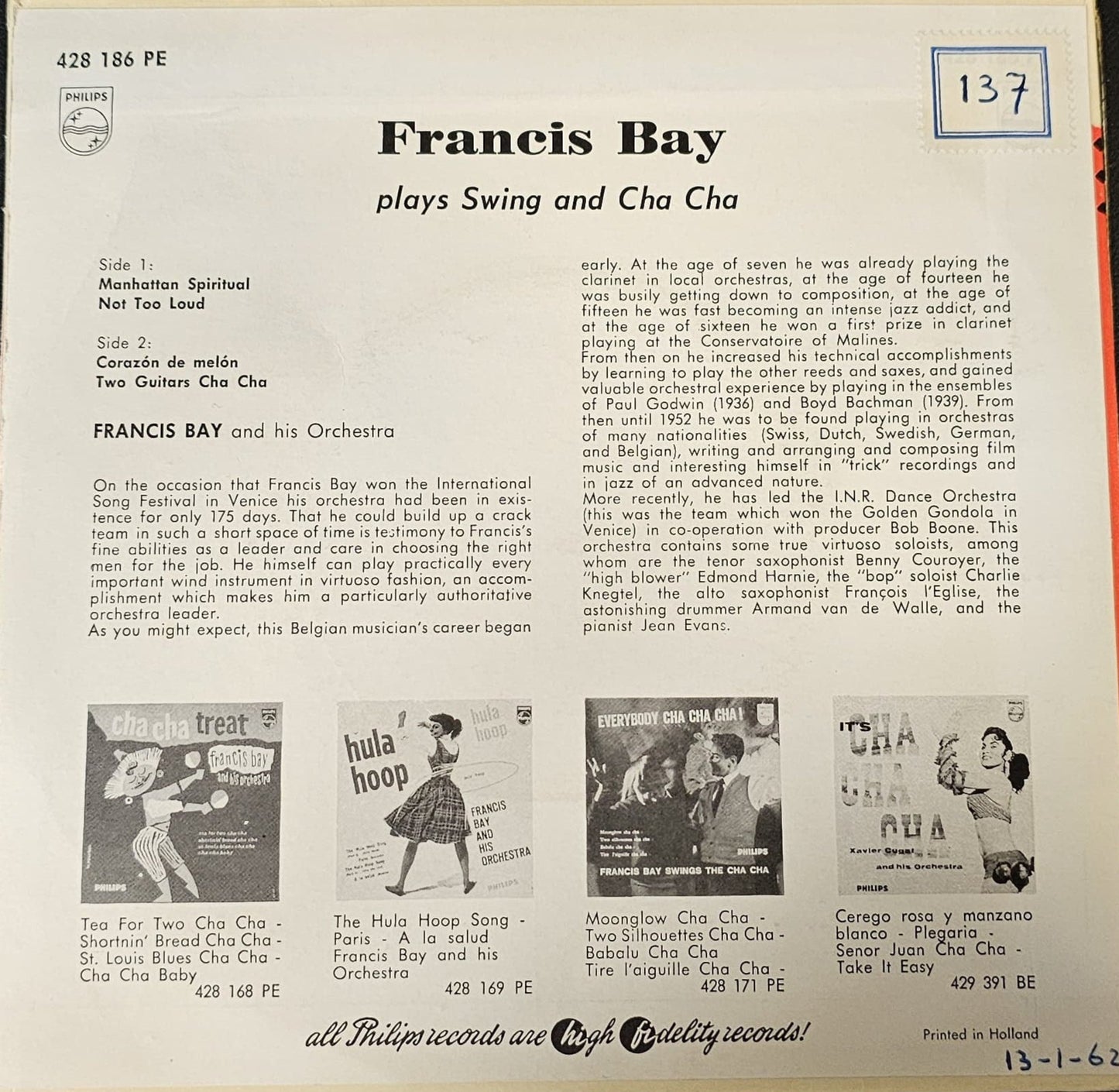 Francis Bay And His Orchestra – Plays Swing and Cha Cha Cha Vinyl Singles EP Vinyl Very Good (VG) <br> Hoes Good Plus (G+)