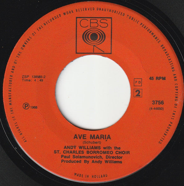 Andy Williams - Battle Hymn Of The Republic Vinyl Singles Vinyl Very Good (VG) <br> Hoes Good Plus (G+)