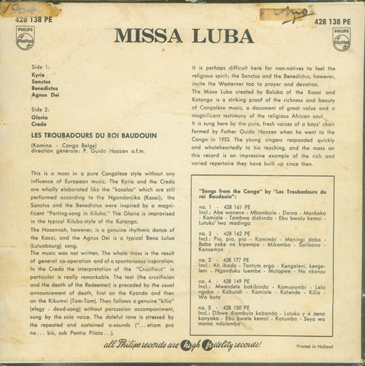 Joachim Ngoi Et Les Troubadours Du Roi Baudouin - Missa Luba Vinyl Singles EP Vinyl Zeer Goed / Hoesje Goed "VINYLSINGLES.NL"