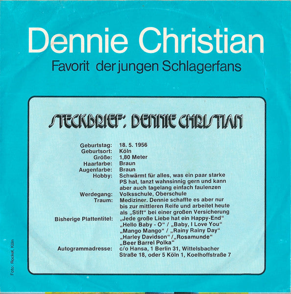 Dennie Christian - Marie-Luise 34677 Vinyl Singles Vinyl Very Good (VG) <br> Hoes Good Plus (G+)