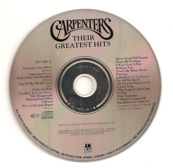 Carpenters - Their Greatest Hits (CD) Compact Disc Vinyl Very Good (VG) <br> Hoes Good Plus (G+)
