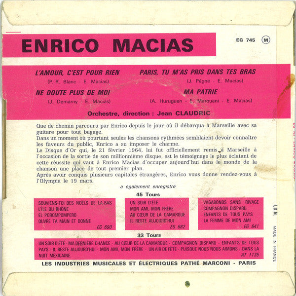 Enrico Macias - L'amour, C'est Pour Rien Vinyl Singles EP Vinyl Very Good (VG) <br> Hoes Good Plus (G+)