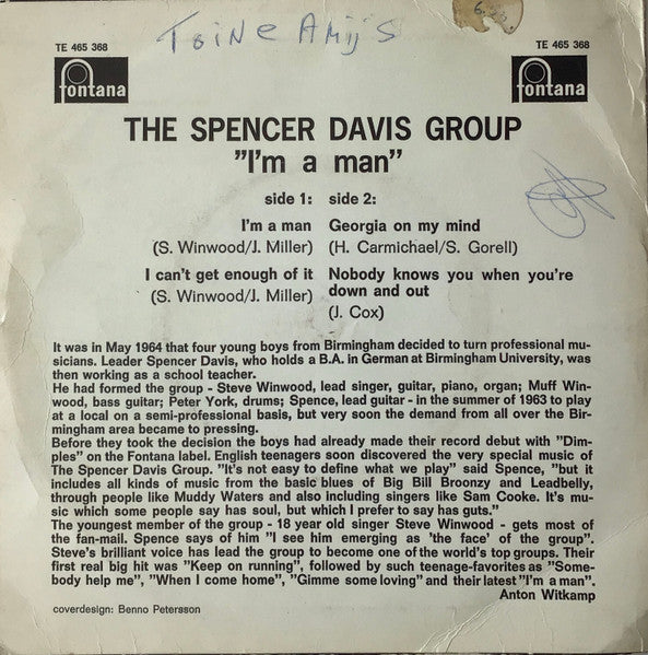 Spencer Davis Group - I'm A Man Vinyl Singles EP Vinyl Very Good (VG) <br> Hoes Good Plus (G+)