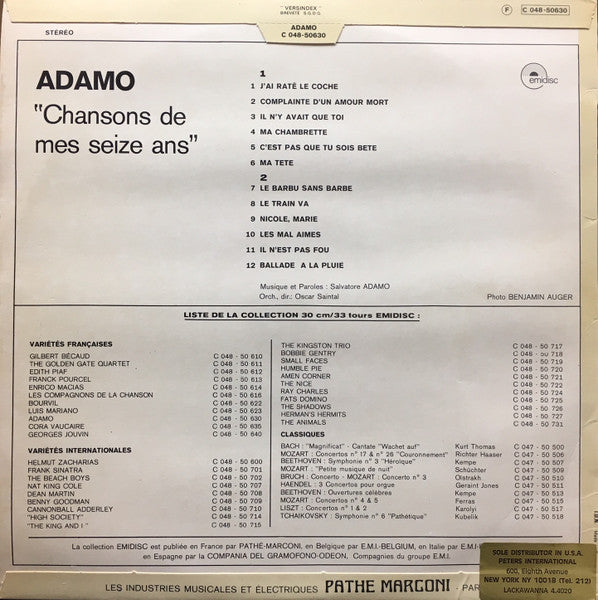 Adamo - Chansons De Mes Seize Ans (LP) Vinyl LP Vinyl Very Good (VG) <br> Hoes Good Plus (G+)