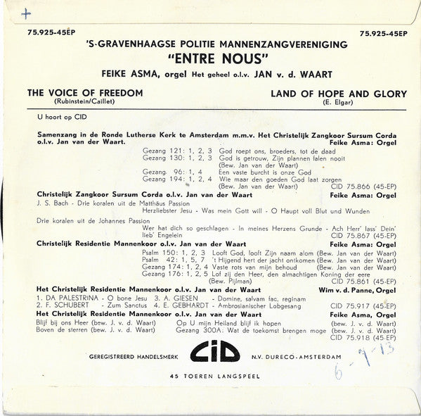 S Gravenhaags Politie Mannenzangvereniging Entre Nous - The Voice Of Freedom (B-Keus) Vinyl Singles Vinyl Very Good (VG) <br> Hoes Good Plus (G+)