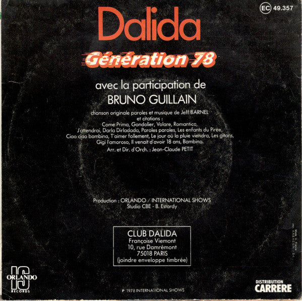 Dalida - Génération ** Vinyl Singles Vinyl Very Good (VG) <br> Hoes Good Plus (G+)