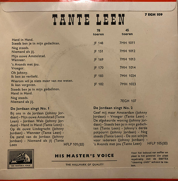 Tante Leen - Oh Johnny Vinyl Singles Vinyl Zeer Goed / Hoesje Goed "VINYLSINGLES.NL"