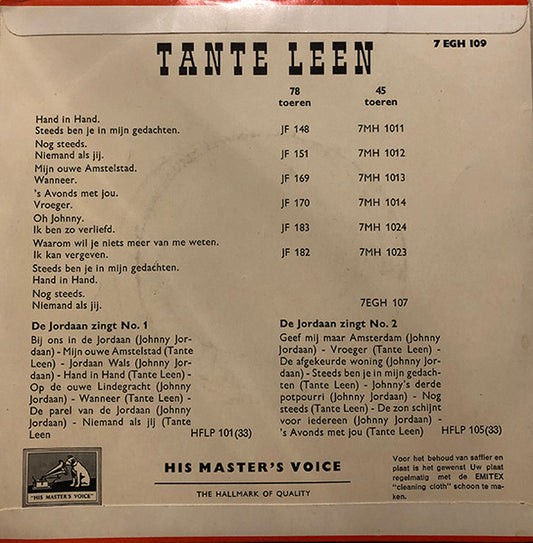 Tante Leen - Oh Johnny Vinyl Singles Vinyl Zeer Goed / Hoesje Goed "VINYLSINGLES.NL"