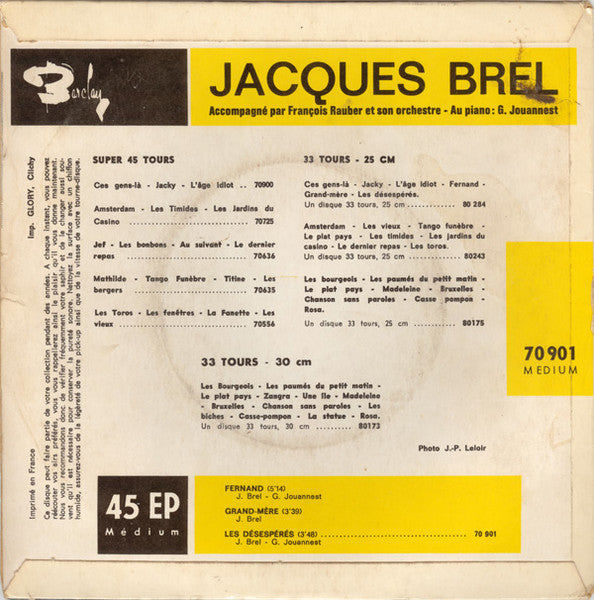 Jacques Brel - Fernand Vinyl Singles EP Vinyl Very Good (VG) <br> Hoes Good Plus (G+)