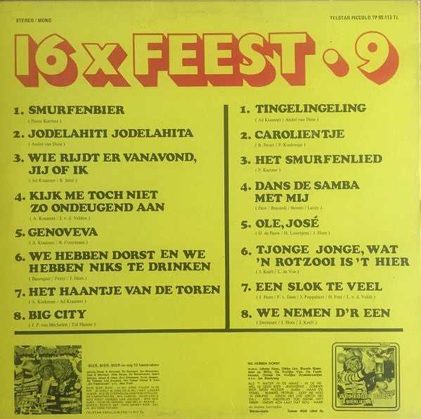 Various - 16 x Feest 9 (LP) 51401 Vinyl LP Vinyl Very Good (VG) <br> Hoes Good Plus (G+)