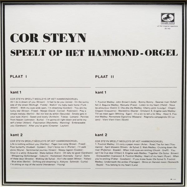 Cor Steyn - Hammond-Orgel (LP) Vinyl LP Vinyl Very Good (VG) <br> Hoes Good Plus (G+)