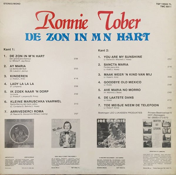 Ronnie Tober - De Zon In M'n Hart (LP) Vinyl LP Vinyl Very Good (VG) <br> Hoes Good Plus (G+)