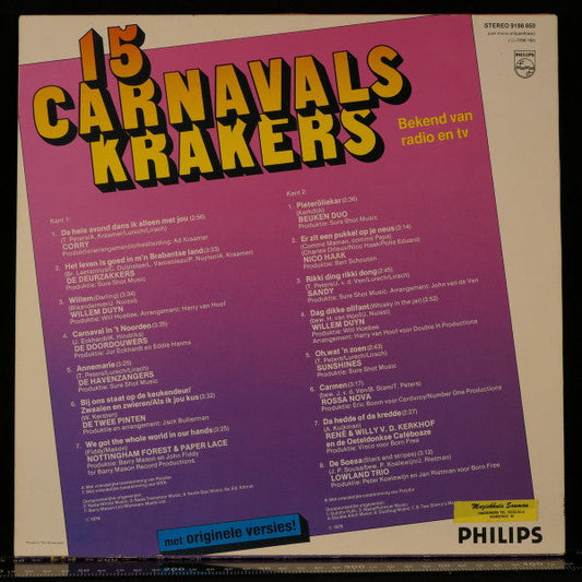 Various - 15 Carnavals Krakers (LP) Vinyl LP Vinyl Zeer Goed / Hoesje Goed "VINYLSINGLES.NL"