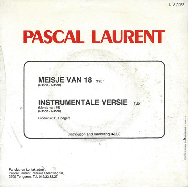 Pascal Laurent - Meisje Van ** Vinyl Singles Vinyl Very Good (VG) <br> Hoes Good Plus (G+)