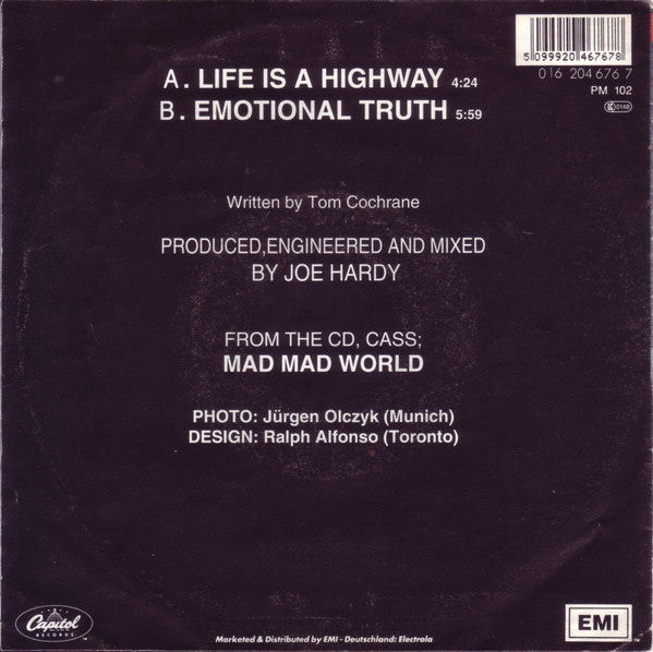 Tom Cochrane - Life Is A Highway Vinyl Singles Vinyl Very Good (VG) <br> Hoes Good Plus (G+)