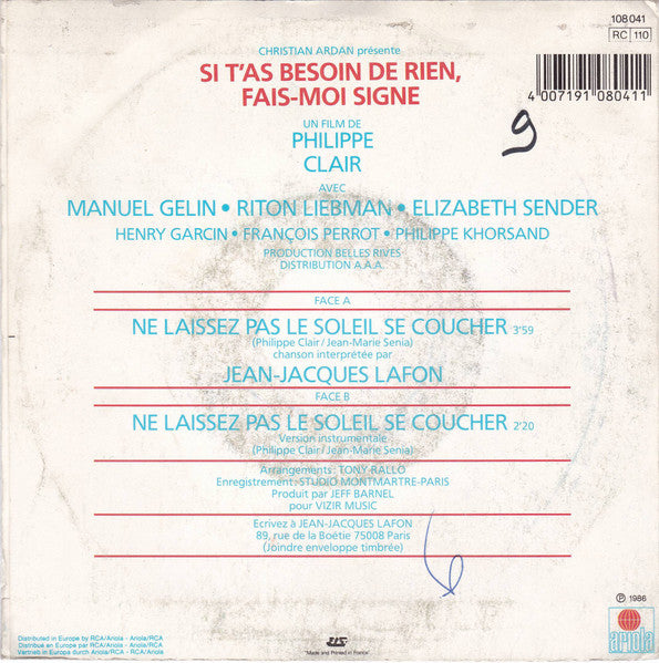 Jean-Jacques Lafon - Ne Laissez Pas Le Soleil Se Coucher Vinyl Singles Vinyl Very Good (VG) <br> Hoes Good Plus (G+)