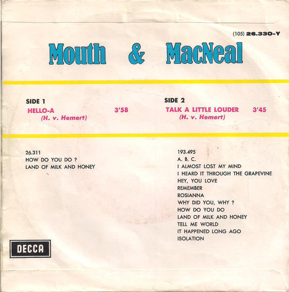 Mouth & MacNeal - Hello-A Vinyl Singles Vinyl Very Good (VG) <br> Hoes Good Plus (G+)