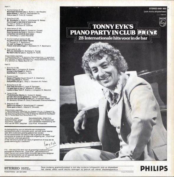 Tonny Eyk - Tonny Eyk's Piano Party In Club Privé (LP) Vinyl LP Vinyl Very Good (VG) <br> Hoes Good Plus (G+)