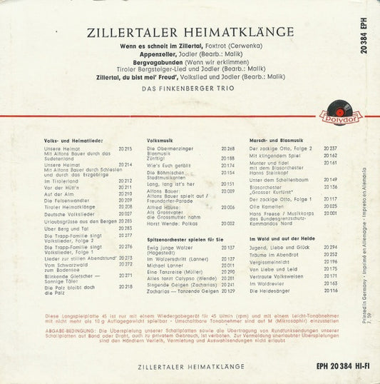 Finkenberger Trio - Zillertaler Heimatklänge Vinyl Singles EP Vinyl Zeer Goed / Hoesje Goed "VINYLSINGLES.NL"