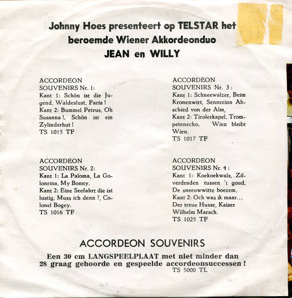 Jean En Willy - Accordeon Souvenirs Nr. * Vinyl Singles Vinyl Very Good (VG) <br> Hoes Good Plus (G+)