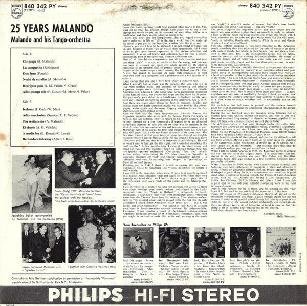 Malando And His Tango Orchestra - ** Years Malando (LP) (B-Keus) Vinyl LP Vinyl Very Good (VG) <br> Hoes Good Plus (G+)
