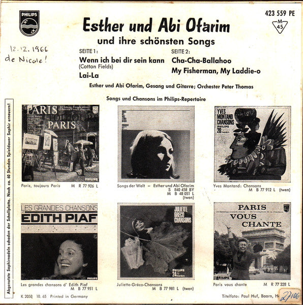 Esther & Abi Ofarim - Esther Und Abi Ofarim Und Ihre Schönsten Songs Vinyl Singles EP Vinyl Very Good (VG) <br> Hoes Good Plus (G+)