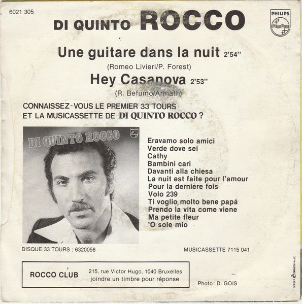 Di Quinto Rocco - Une Guitare Dans La Nuit Vinyl Singles Vinyl Very Good (VG) <br> Hoes Good Plus (G+)