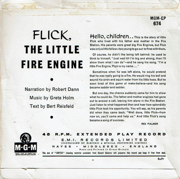 Bert Reisfeld, Greta Holm, Robert Dann - Flick, The Little Red Fire Engine Vinyl Singles Vinyl Very Good (VG) <br> Hoes Good Plus (G+)