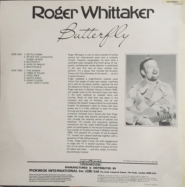 Roger Whittaker - Butterfly (LP) Vinyl LP Vinyl Very Good (VG) <br> Hoes Good Plus (G+)