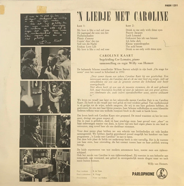 Caroline Kaart - 'n Liedje Met Caroline Kaart (**") Vinyl LP 10" Vinyl Very Good (VG) <br> Hoes Good Plus (G+)
