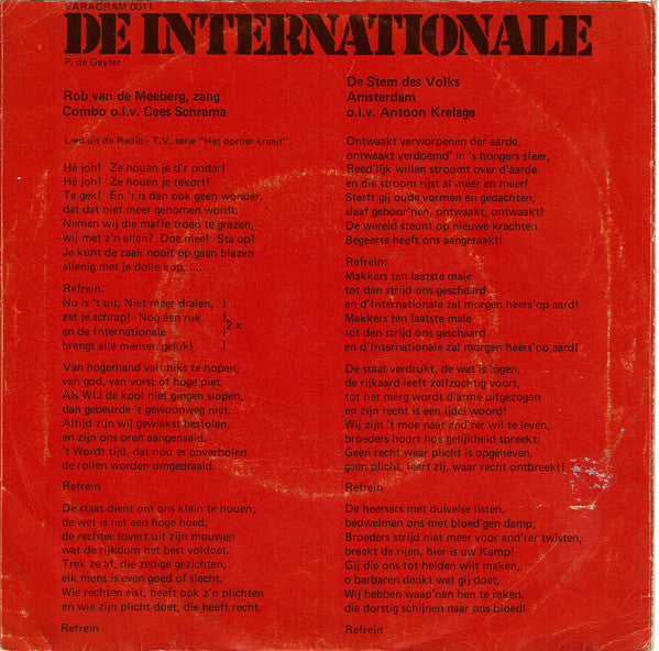 Rob van de Meeberg / De Stem Des Volks - De Internationale Vinyl Singles Vinyl Very Good (VG) <br> Hoes Good Plus (G+)