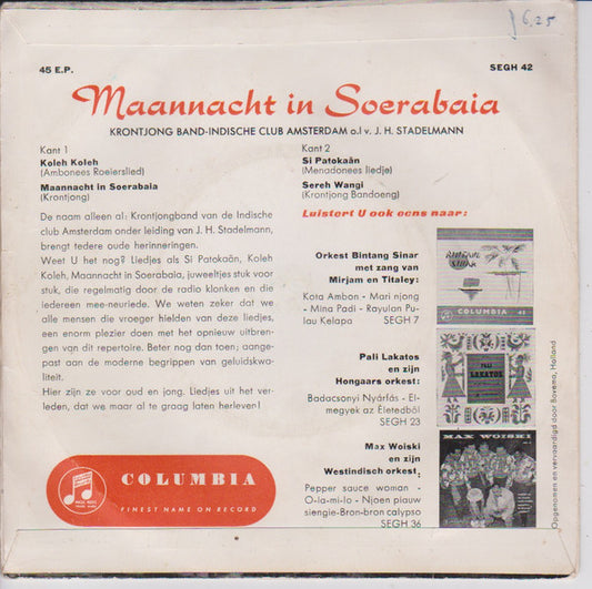 Krontjongband Indische Club Amsterdam - Maannacht in Soerabaia Vinyl Singles EP Vinyl Zeer Goed / Hoesje Goed "VINYLSINGLES.NL"
