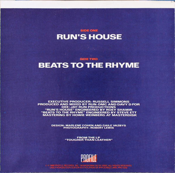 Run-DMC - Run's House Vinyl Singles Vinyl Very Good (VG) <br> Hoes Good Plus (G+)