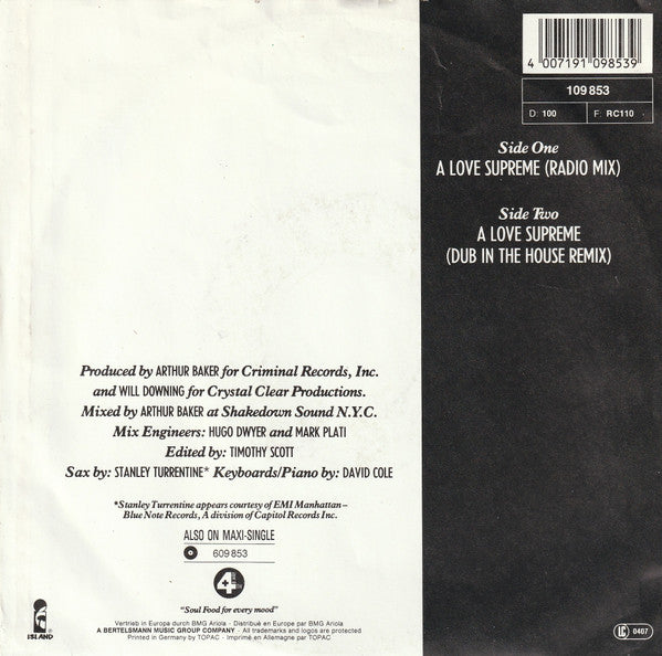 Will Downing - A Love Supreme Vinyl Singles Vinyl Very Good (VG) <br> Hoes Good Plus (G+)