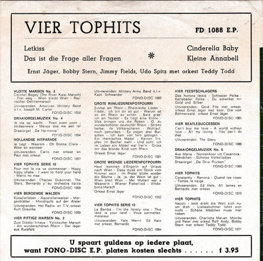 Ernst Jäger, Bobby Stern , Jimmy Fields, Udo Spitz, Orchester Teddy Todd - Vier Tophits Vinyl Singles Vinyl Zeer Goed / Hoesje Goed "VINYLSINGLES.NL"