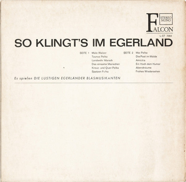 Egerländer Blasorchester - So Klingt's Im Egerland (LP) Vinyl LP Vinyl Very Good (VG) <br> Hoes Good Plus (G+)
