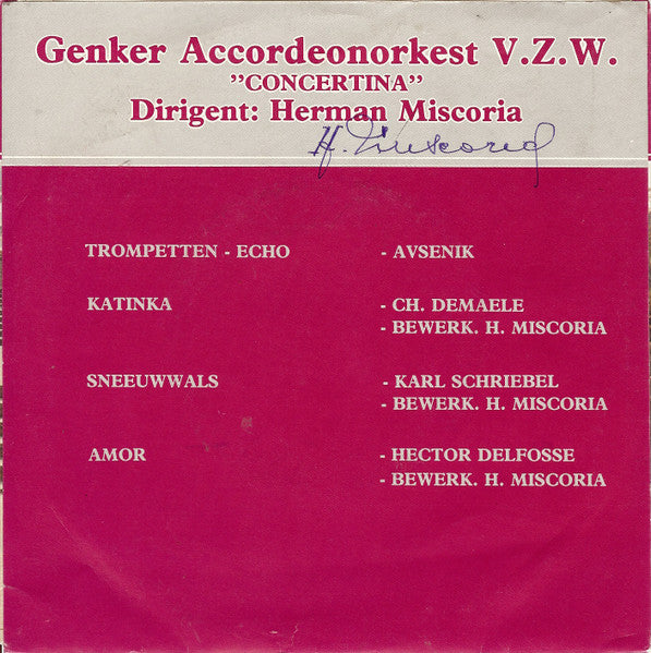 Genker Accordeonorkest V.Z.W. - Concertina Vinyl Singles Vinyl Very Good (VG) <br> Hoes Good Plus (G+)