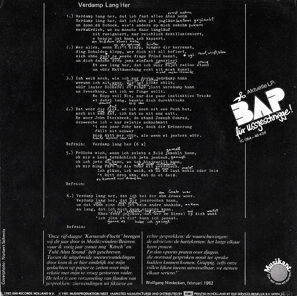 BAP - Verdamp Lang Her Vinyl Singles Vinyl Very Good (VG) <br> Hoes Good Plus (G+)