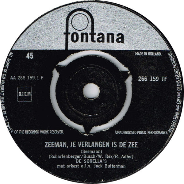 Sorella's - Zeeman, Je Verlangen Is De Zee Vinyl Singles Vinyl Very Good (VG) <br> Hoes Generic