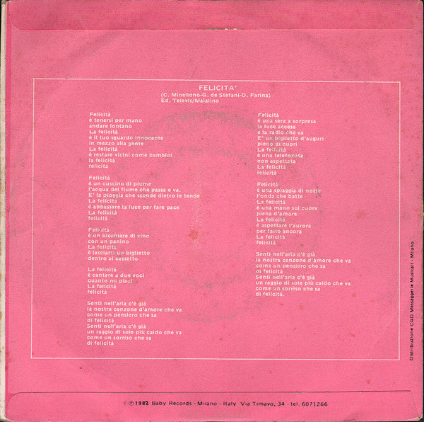 Al Bano E Romina Power - Felicita Vinyl Singles Vinyl Very Good (VG) <br> Hoes Good Plus (G+)