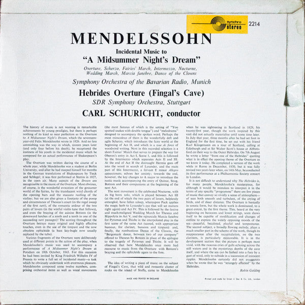 Felix Mendelssohn-Bartholdy - A Midsummer Night's Dream (LP) Vinyl LP Vinyl Very Good (VG) <br> Hoes Good Plus (G+)