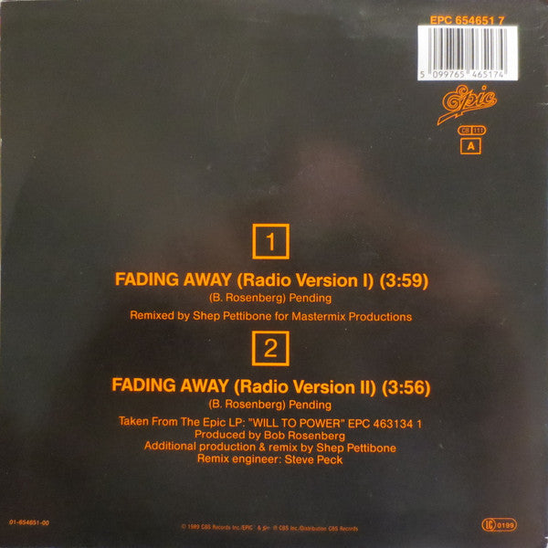 Will To Power - Fading Away Vinyl Singles Vinyl Very Good (VG) <br> Hoes Good Plus (G+)
