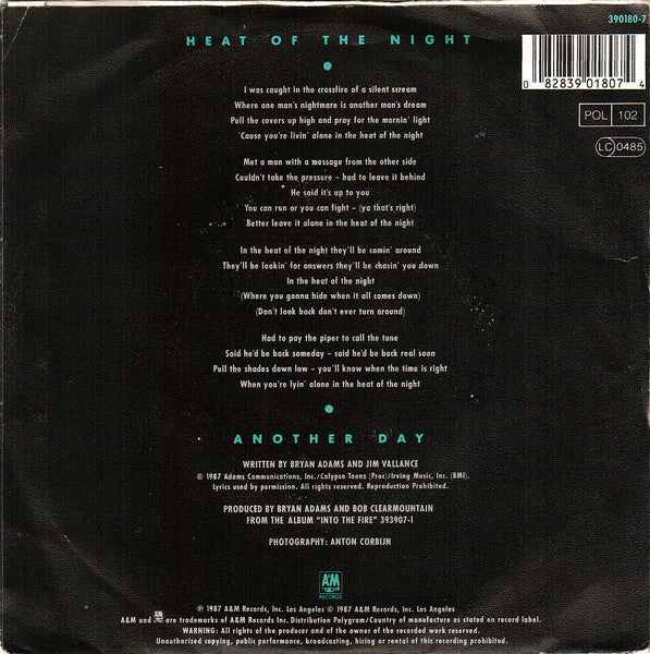 Bryan Adams - Heat Of The Night Vinyl Singles Vinyl Very Good (VG) <br> Hoes Good Plus (G+)