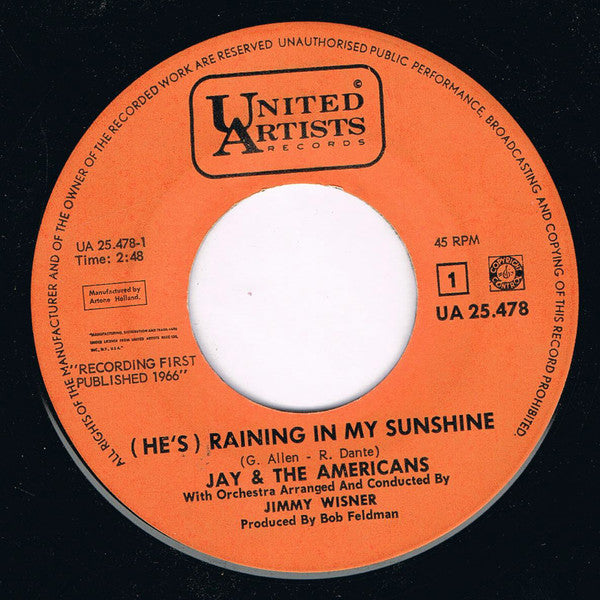 Jay & The Americans - (He's) Raining In My Sunshine Vinyl Singles Vinyl Very Good (VG) <br> Hoes Good Plus (G+)