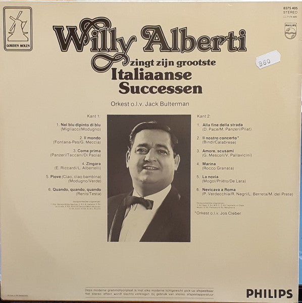 Willy Alberti - Zingt Zijn Grootste Italiaanse Successen (LP) Vinyl LP Vinyl Very Good (VG) <br> Hoes Good Plus (G+)